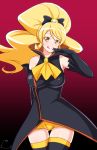  1girl :q black_gloves blonde_hair breasts cosplay cure_honey elbow_gloves gloves happinesscharge_precure! jabara921 long_hair naughty_face oomori_yuuko ponytail precure solo tongue tongue_out unlovely_(happinesscharge_precure!) unlovely_(happinesscharge_precure!)_(cosplay) yellow_eyes 