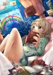  1girl absurdres book brown_eyes brown_hair child cookie cup curtains fingers food highres legs lying on_back original pajamas pillow rainbow short_hair solo tagme teacup 