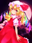  1girl ascot blonde_hair fang_out flandre_scarlet frilled_skirt frills hat hat_ribbon highres mob_cap moon puffy_short_sleeves puffy_sleeves randoruto-kan red_eyes red_moon ribbon short_sleeves skirt smile touhou vest 