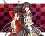  back-to-back back_to_back bad_id black_hair bow brown_hair chain chains gilbert_nightray gloves gun hat kuro_(pixiv) long_hair pandora_hearts purple_eyes short_hair top_hat trench_coat trenchcoat violet_eyes weapon yellow_eyes 