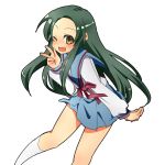  brown_eyes fang green_hair long_hair school_uniform shacttainw suzumiya_haruhi_no_yuuutsu tsuruya v very_long_hair wink 