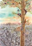  black_hair cat cityscape highres miyabe_sachi original panther scenery school_uniform serafuku short_hair sky solo sunset tiger too_many_cats traditional_media tree watercolor_(medium) 