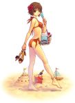  1girl anklet barefoot beach bikini bracelet brown_eyes brown_hair feet flower hair_flower hair_ornament hibiscus jewelry orange_bikini popsicle sand_castle sandals short_hair side-tie_bikini solo swimsuit white_background 