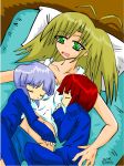  -_- ahoge blonde_hair breast_pillow futon green_eyes head_on_chest lavender_hair lying pillow redhead sleeping twins yuri zero-q 