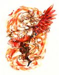  bow fiery_wings fire fujiwara_no_mokou hair_bow highres long_hair red_eyes shinoasa silver_hair solo touhou traditional_media watercolor_(medium) wings 
