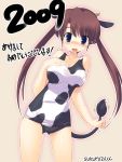  blue_eyes blush brown_hair cow_girl cow_horns cow_print ezakishii highres horns new_year one-piece_swimsuit sukumizu_(artist) surprise surprised swimsuit translated twintails 