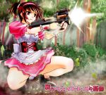  bullpup casing_ejection erect_nipples firing gun gunslinger_girl muzzle_flash p90 parody sentape shell_casing short_hair submachine_gun suzumiya_haruhi suzumiya_haruhi_no_yuuutsu waitress weapon 