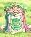 aqua_eyes armlet blush bow bracelet cape cheek_to_cheek crown dragon_quest dragon_quest_v embarrassed family feet flower genderswap grass green_eyes green_hair hair_bow happy head_wreath henry_(dq5) hero_(dq5) hug if_they_mated jewelry mabo-udon open_mouth outdoors outside petals short_hair smile 