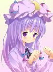  1girl amaa_(chou_dennou_jidai) bad_id blush clenched_hands crescent hat long_hair patchouli_knowledge purple_hair smile solo touhou 