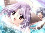  animal_ears closed_eyes lens_flare long_hair nude open_mouth purple_hair red_eyes short_hair swimming tail vagrants 