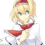  blonde_hair blue_eyes cravat face hairband hand_on_own_chest lastswallow minoa simple_background smile solo touhou wind 