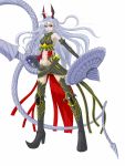  aliasse detached_sleeves do-zan grin hair_ornament horns long_hair navel red_eyes senjou_no_valkyria senjou_no_valkyria_2 shield silver_hair thigh-highs whip 