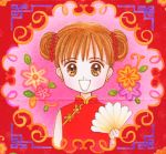  earrings fan hair_bun jewelry jpeg_artifacts kodomo_no_omocha kurata_sana obana_miho official_art red_hair redhead 