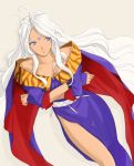  bare_shoulders blue_eyes breasts cape cleavage facial_mark fingerless_gloves forehead_mark gloves goddess kuuyuu long_hair purple_eyes side_slit smile solo urd white_hair 