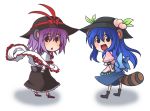 chibi food food_themed_clothes fruit hat hinanawi_tenshi kemonomimi_mode long_skirt nagae_iku peach raccoon_ears raccoon_tail rex_k ribbon skirt tail touhou