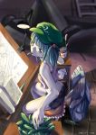  absurdres alternate_costume bangs bare_shoulders blue_eyes blue_hair blueprint blunt_bangs book butt_crack camisole chair contemporary cucumber eating food hair_bobbles hair_ornament hands hat highres hikarumiao kawashiro_nitori lamp light looking_back pickle pickles shorts sitting solo touhou twintails 