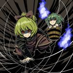  blonde_hair bow bucket crazy_eyes girl_in_bucket green_hair hands in_bucket in_container kisume kurodani_yamame red_eyes short_hair touhou tsuttsu twintails 