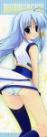  ahoge ass blue_eyes blue_hair blush english from_behind hair_ribbon hayashi_sakura long_image looking_back mahou_shoujo_lyrical_nanoha mahou_shoujo_lyrical_nanoha_a&#039;s mahou_shoujo_lyrical_nanoha_a's mahou_shoujo_lyrical_nanoha_strikers panties parufe polka_dot reinforce_zwei ribbon single_sock single_thighhigh skirt_tug socks star stick_poster striped striped_panties tall_image thighhighs trefoil underwear wind_lift 