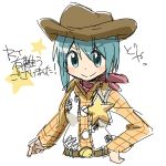  1girl bandana blue_eyes blue_hair cowboy_hat hat iwashi_(ankh) mahou_shoujo_madoka_magica miki_sayaka sheriff_badge sheriff_woody sheriff_woody_(cosplay) smile solo toy_story 