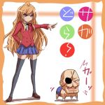  brown_eyes brown_hair chibi crossover eyepatch legs long_hair makisige pointing sagat school_uniform street_fighter street_fighter_ii thigh-highs thighhighs toradora! 