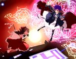  aho battle bow brown_hair cape danmaku detached_sleeves dress gradient_hair hakurei_reimu highres hijiri_byakuren long_hair multicolored_hair multiple_girls scroll short_hair touhou yellow_eyes 