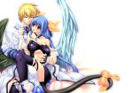  1boy 1girl asymmetrical_wings blonde_hair blue_eyes blue_hair bow breasts choker cleavage couple dizzy guilty_gear ky_kiske long_hair ookami_ryousuke red_eyes ribbon sakimi_tama short_hair tail tail_ribbon thighhighs underboob wings 