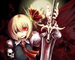  blonde_hair blue_(pixiv) ex-rumia ex_rumia glowing glowing_eyes hair_ribbon nail_polish red_eyes ribbon rumia short_hair skull slit_pupils smile solo sword touhou weapon 