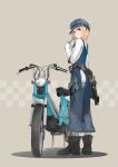  blue_eyes boots gloves goggles hat highres looking_back miz moped original overalls short_hair smile solo tools wrench 