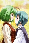  antenna antennae bad_id blush cape dress_shirt eye_contact green_eyes green_hair incipient_kiss kazami_yuuka multiple_girls plaid_vest red_eyes shirt short_hair touhou umekichi wriggle_nightbug yuri 