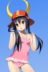  black_hair brown_eyes cosplay frilled_swimsuit frills helmet hikonyan hikonyan_(cosplay) k-on! kabuto long_hair nakano_azusa one-piece_swimsuit open_mouth samurai_helmet sigetch solo swimsuit twintails 