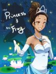 bare_shoulders breasts brown_eyes brown_hair cleavage dark-skinned_female dark_skin disney dress elbow_gloves galibo gloves jewelry necklace sideboob smile the_princess_and_the_frog tiana tiara water