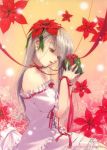 artist_request brown_eyes christmas dress flower frills gift hidari_(left_side) holding holding_gift long_hair open_mouth poinsettia ribbon silver_hair solo white_canvas 