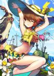  1boy :3 armpits arms_up brown_eyes brown_hair crossdressinging flower hat legs looking_at_viewer male miniskirt motor_vehicle naisho_na_zuku_doori navel original sandals scooter short_hair skirt smile solo swimsuit trap vehicle wink 