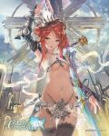  1girl arm_up armor bikini_armor black_legwear blue_eyes breasts copyright_name crown detached_sleeves halterneck hjl navel official_art red_eyes redhead short_hair_with_long_locks skirt solo tenkuu_no_crystalia thigh-highs under_boob 