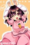  1girl ;o animal_ears black_hair blush bunny_pose douji inaba_tewi jewelry one_eye_closed open_mouth pendant rabbit_ears red_eyes sash solo touhou 