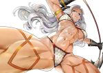  1girl amazon_(dragon&#039;s_crown) axe bikini blue_eyes breasts cleavage dragon&#039;s_crown gloves mikurou_(nayuta) muscle silver_hair solo swimsuit weapon 