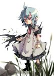  1girl adapted_costume ahoge ascot bat_wings blue_hair boots clover flower grass noya_makoto pink_eyes pointy_ears puffy_short_sleeves puffy_sleeves remilia_scarlet rock short_sleeves solo touhou white_legwear wings wrist_cuffs 