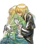  1boy 1girl ada_vessalius amarevia blonde_hair bow capelet closed_eyes dress earrings frills gloves hug jewelry long_hair pandora_hearts short_hair simple_background spoilers tears traditional_media vincent_nightray white_background 