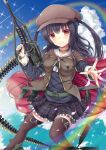  1girl ah-64_apache ammunition_belt autocannon black_hair black_legwear cabbie_hat cape choker clouds gun hat highres long_hair machine_gun ocean orange_eyes original outstretched_hand personification plaid plaid_skirt rainbow school_uniform serafuku skirt sky smile solo sparkle tf_(seiga29299638) thigh-highs two_side_up weapon 