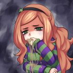  1girl 4chan artist_request bangs bust clover covering_mouth empty_eyes freckles green_eyes hairband hoodie long_hair meme messy_hair orange_hair parody payot solo source_request striped striped_hoodie vivian_james vomit vomiting 