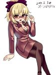  1girl adjusting_glasses alternate_costume bespectacled black_legwear blonde_hair blush bow breasts brown_eyes cleavage crossed_legs douji formal glasses hair_bow hair_ornament kurodani_yamame pantyhose pencil_skirt ponytail skirt skirt_suit solo suit touhou 