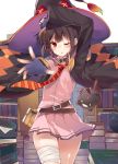  1girl ;o arm_up bandages book brown_hair cat coat collar dress fingerless_gloves gloves hat kono_subarashii_sekai_ni_shukufuku_wo! megumin mishima_kurone official_art one_eye_closed open_mouth outstretched_arm red_eyes short_hair solo strap witch witch_hat 