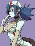  1girl blue_hair breasts choker cleavage eyepatch gloves hair_over_one_eye hat kikugetsu nurse nurse_cap ponytail red_eyes skullgirls solo surgical_mask valentine_(skullgirls) white_gloves 