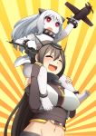 2girls :d ^_^ arm_up bare_legs bare_shoulders barefoot black_hair blush carrying carrying_over_shoulder closed_eyes dress elbow_gloves fingerless_gloves gloves headgear highres horns kantai_collection long_hair midriff mittens multiple_girls nagato_(kantai_collection) northern_ocean_hime open_mouth pale_skin red_eyes rouzille shinkaisei-kan shoulder_carry smile toy_airplane white_dress white_gloves white_hair 