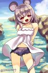 1girl animal_ears arms_behind_back bare_shoulders blush casual coast collarbone douji grey_hair mouse_ears mouse_tail navel nazrin open_mouth red_eyes short_pants solo tail touhou 