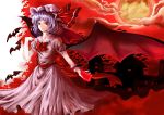  absurdres bat bat_wings dress frilled_sleeves frills full_moon hat hat_ribbon highres lavender_hair mob_cap moon night puffy_short_sleeves puffy_sleeves red_eyes red_sky remilia_scarlet ribbon scarlet_devil_mansion short_hair short_sleeves sky smile touhou wings 