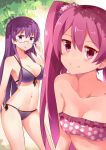  2girls adjusting_glasses akame_ga_kill! bandeau bare_shoulders bikini blush breasts collarbone front-tie_bikini front-tie_top glasses long_hair looking_at_viewer mine_(akame_ga_kill!) mmrailgun multiple_girls navel pink_eyes pink_hair polka_dot polka_dot_bikini polka_dot_swimsuit purple_bikini purple_hair semi-rimless_glasses sheele side-tie_bikini smile swimsuit twintails under-rim_glasses violet_eyes 