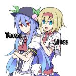  2girls alice_margatroid ascot blonde_hair blue_eyes blue_hair bow capelet character_name crossed_arms dress food fruit hairband hands_on_shoulders hat hinanawi_tenshi kenuu_(kenny) long_hair multiple_girls open_mouth peach red_eyes ribbon short_hair simple_background smile touhou white_background 