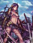  1girl architecture armor banner breasts clouds dual_wielding east_asian_architecture edenfox gauntlets highres katana kusazuri lips long_hair oichi_(sengoku_taisen) petals red_eyes sengoku_taisen skirt sky sode solo suneate sword violet_eyes weapon 