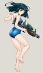  1girl ass barefoot blue_hair brown_eyes competition_school_swimsuit highres himadarou legs long_hair looking_back one-piece_swimsuit original simple_background solo swimsuit water_gun 